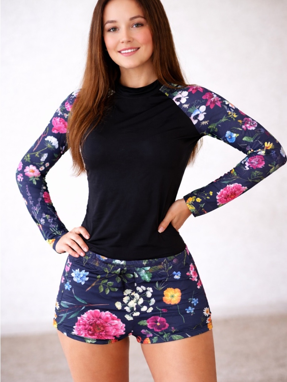 Floral Sleeve Black Women's Swim Coverup Set